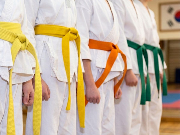 Close up of green, orange, and yellow belt students lined up and ready to train in Taekwondo.